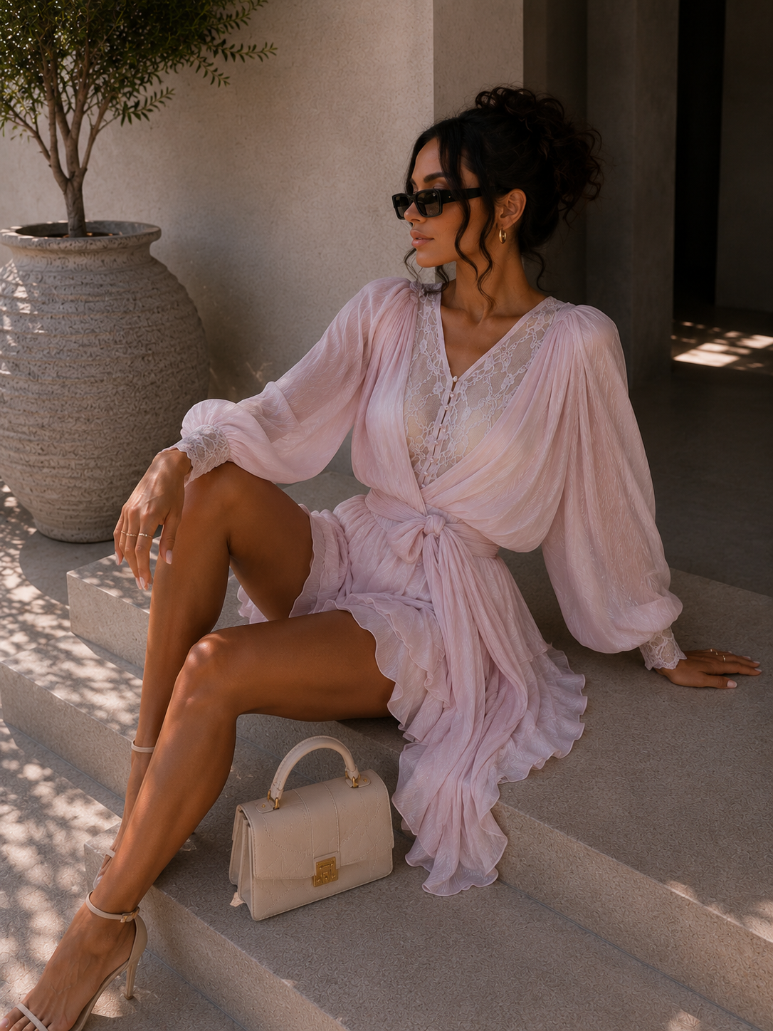 Abito cipria con pizzo e drappeggio - R.a. Boutique