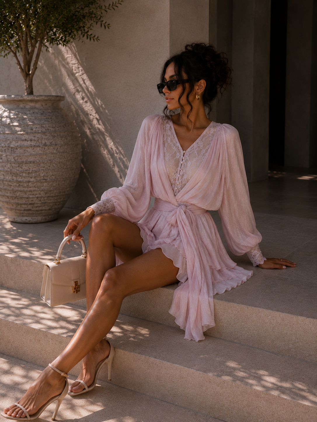 Abito cipria con pizzo e drappeggio - R.a. Boutique