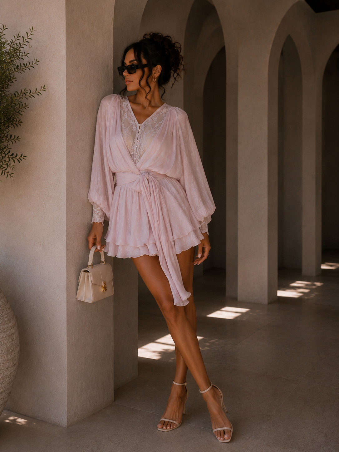 Abito cipria con pizzo e drappeggio - R.a. Boutique