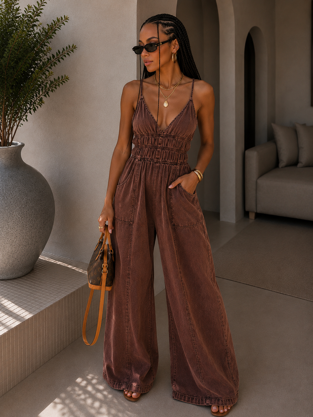 Tuta denim marrone elasticizzata con tasche - R.a. Boutique