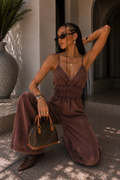 Tuta denim marrone elasticizzata con tasche - R.a. Boutique