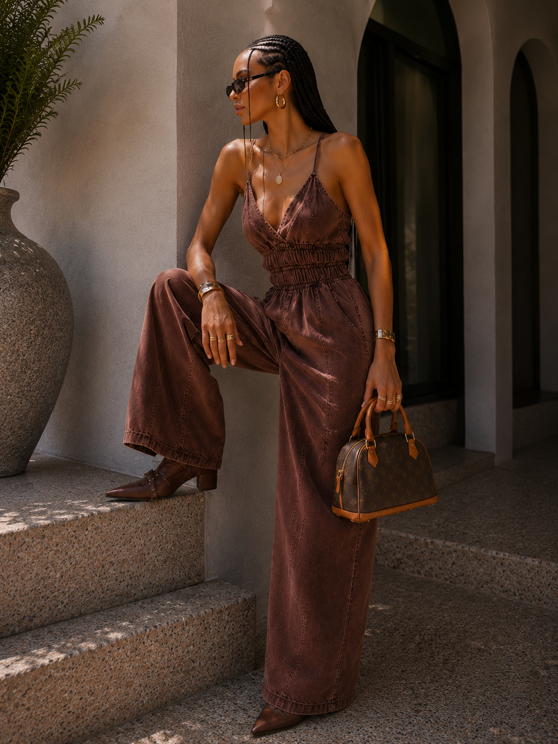 Tuta denim marrone elasticizzata con tasche - R.a. Boutique