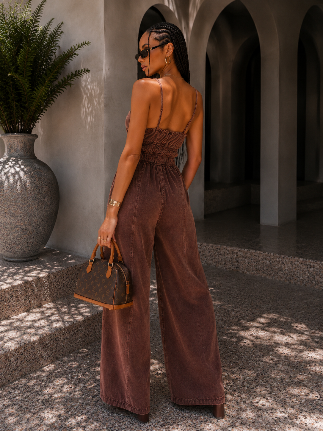 Tuta denim marrone elasticizzata con tasche - R.a. Boutique