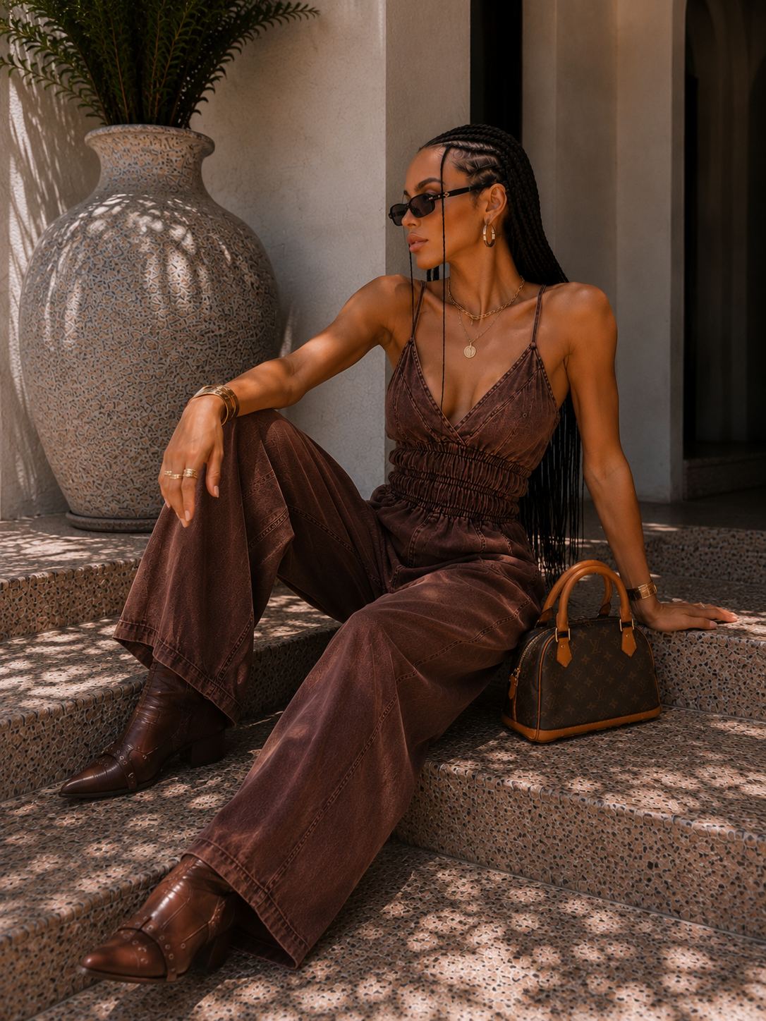 Tuta denim marrone elasticizzata con tasche - R.a. Boutique