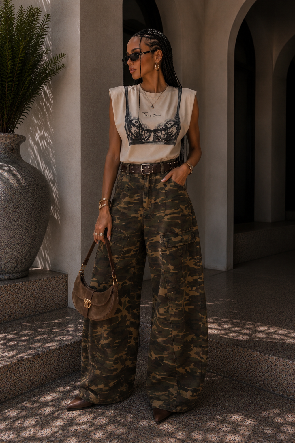 T-shirt con spalline imbottite e stampa pizzo - R.a. Boutique