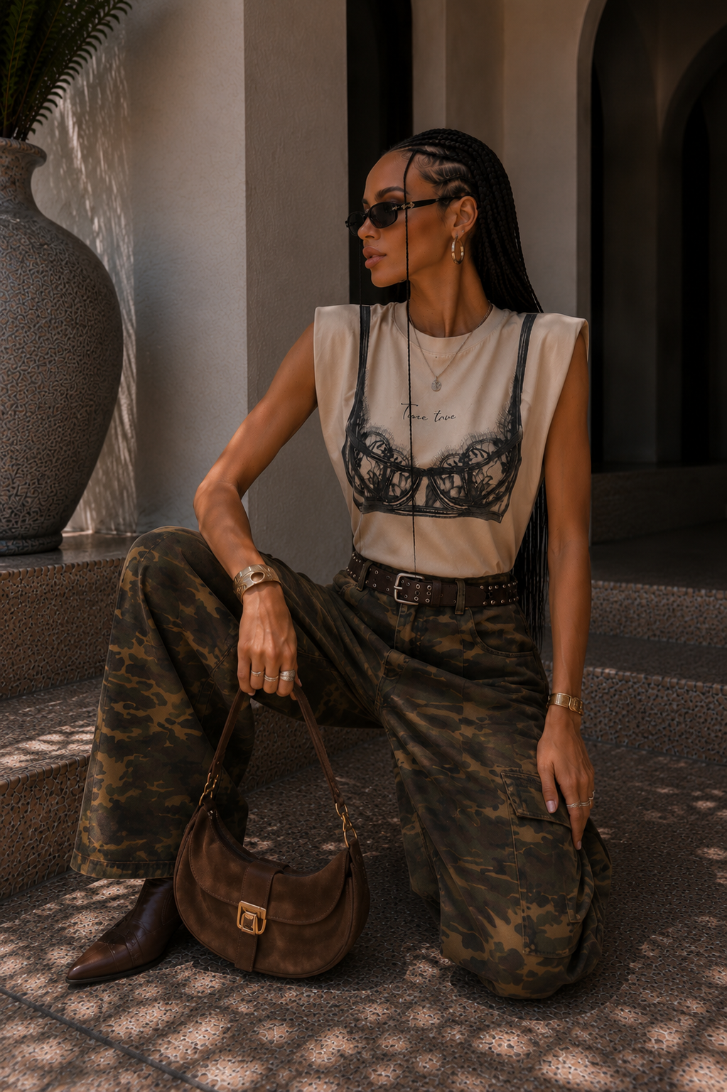 T-shirt con spalline imbottite e stampa pizzo - R.a. Boutique