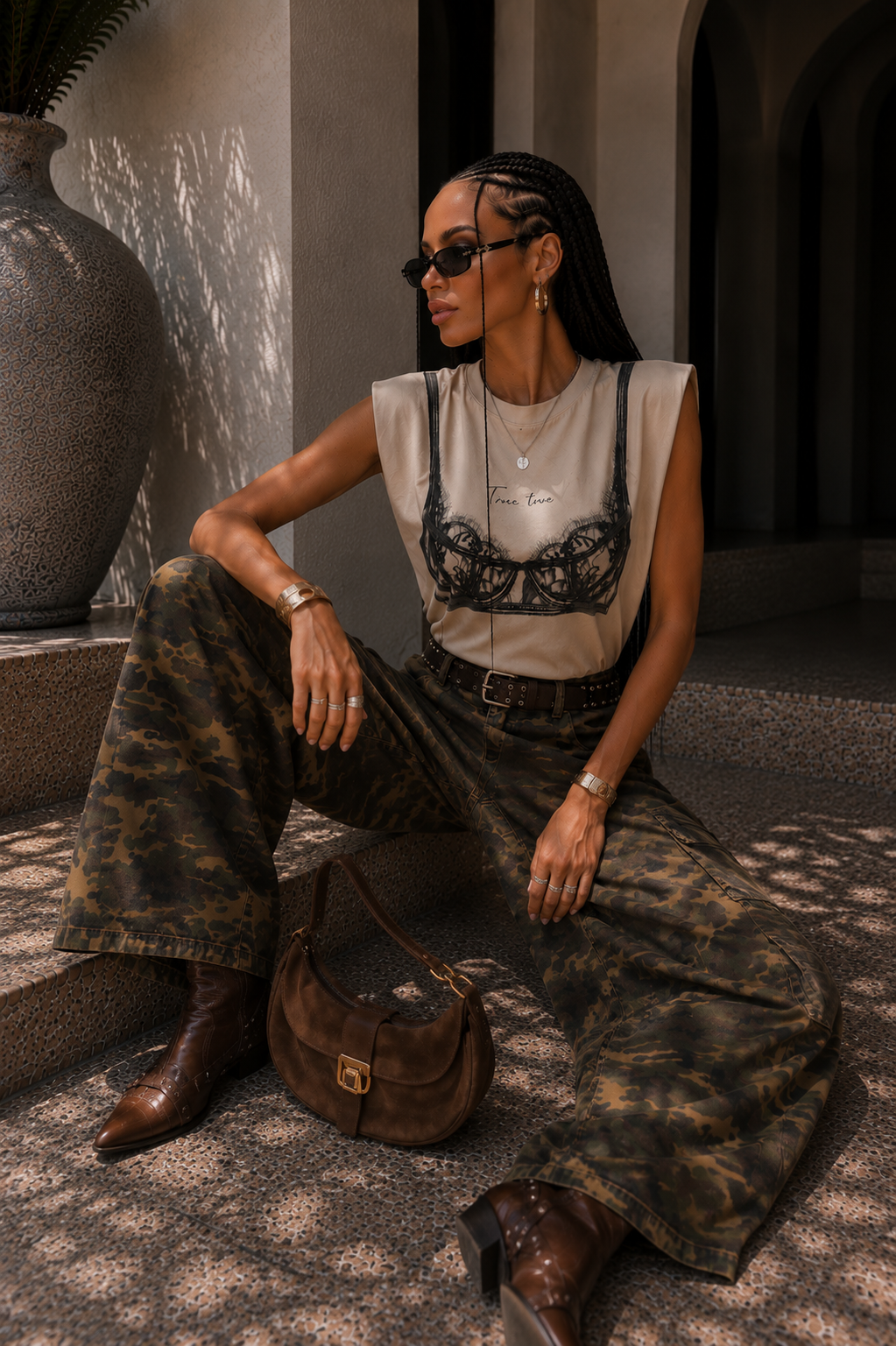 T-shirt con spalline imbottite e stampa pizzo - R.a. Boutique