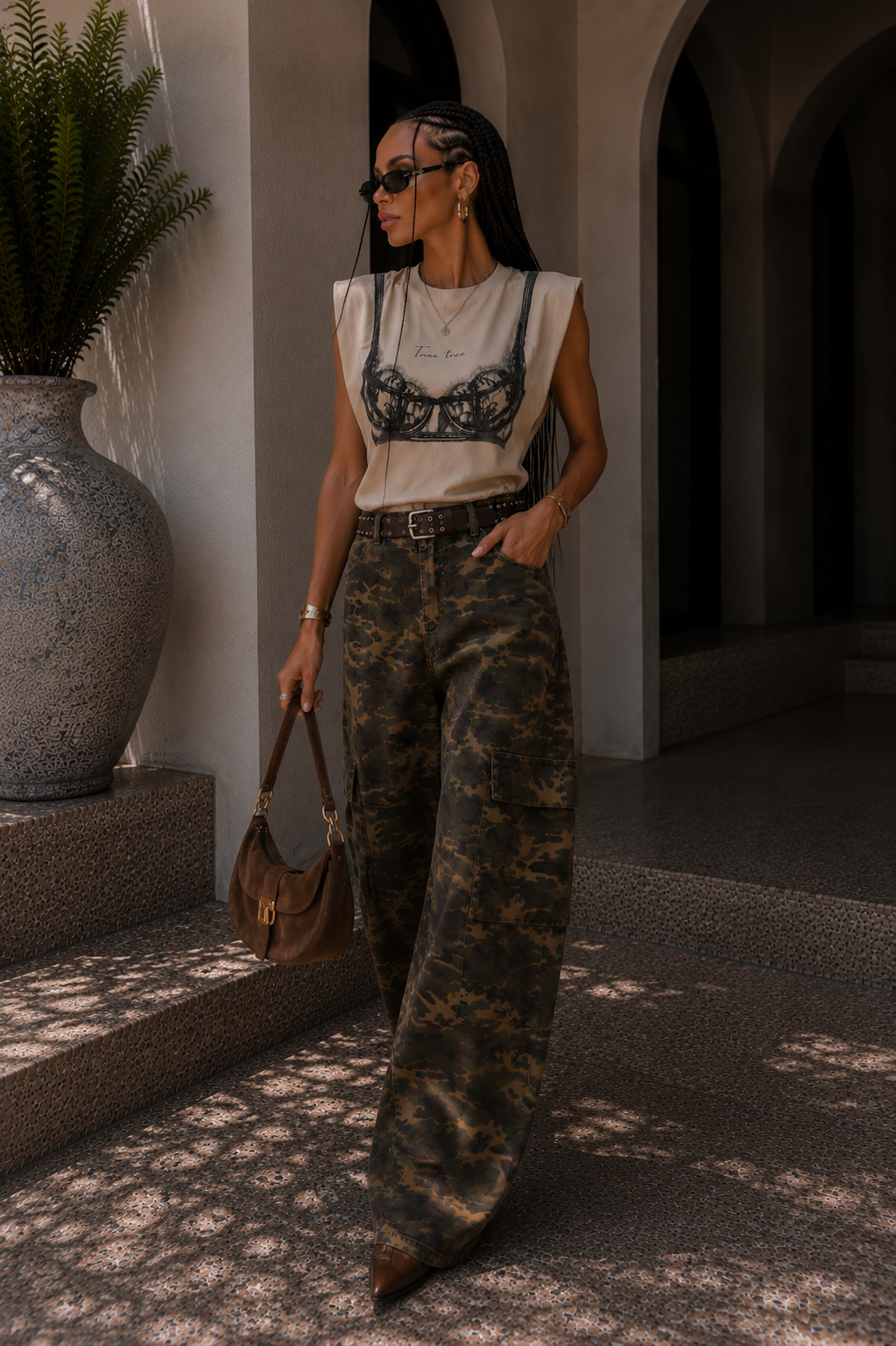 T-shirt con spalline imbottite e stampa pizzo - R.a. Boutique