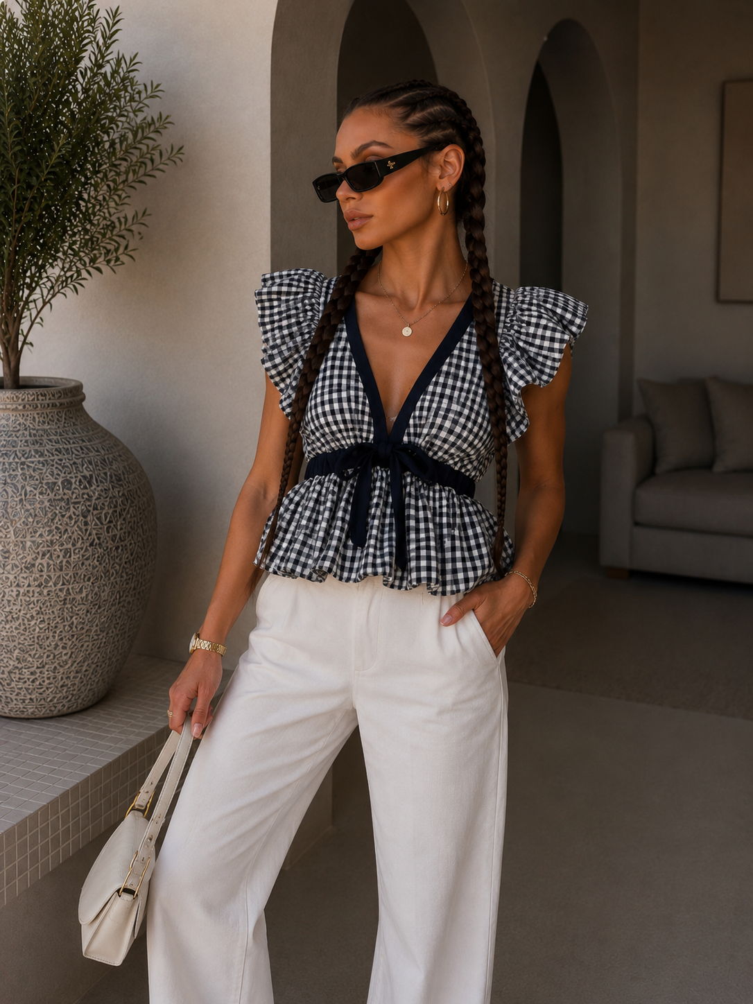 Top vichy con volant e fiocco bianco e blu - R.a. Boutique