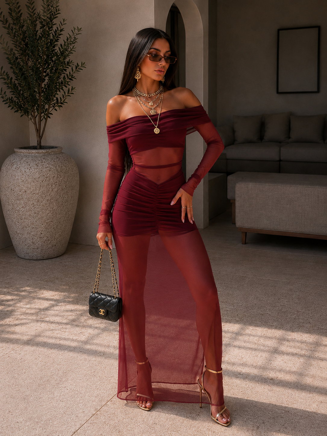 Abito bordeaux con trasparenza - R.a. Boutique
