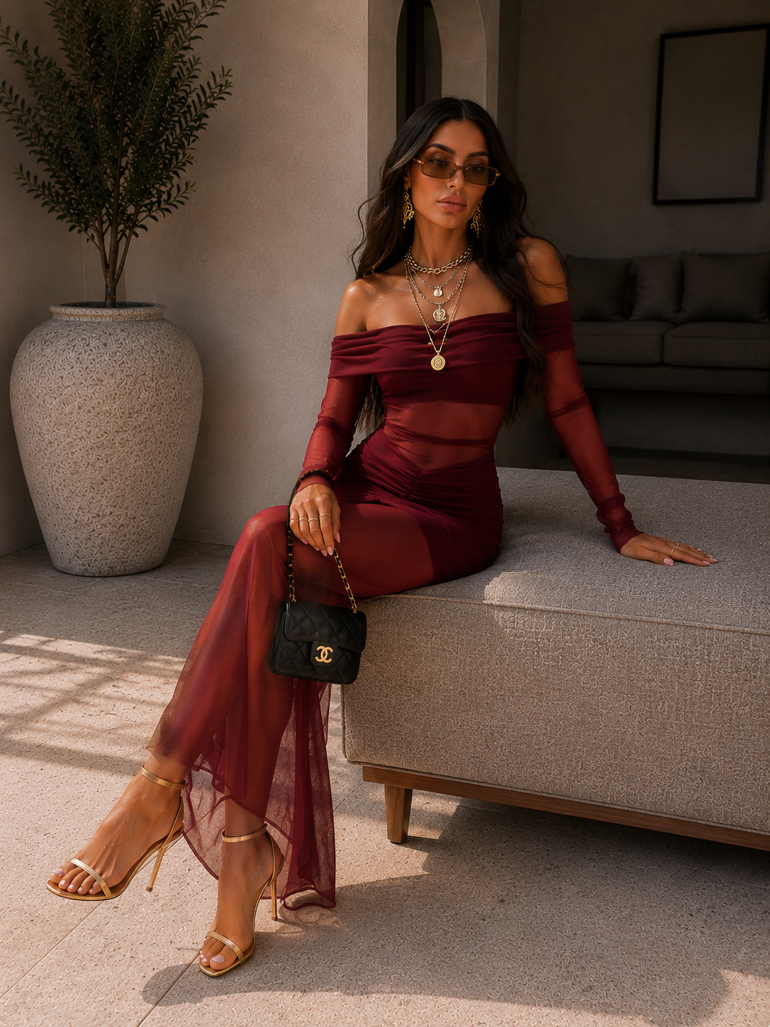 Abito bordeaux con trasparenza - R.a. Boutique