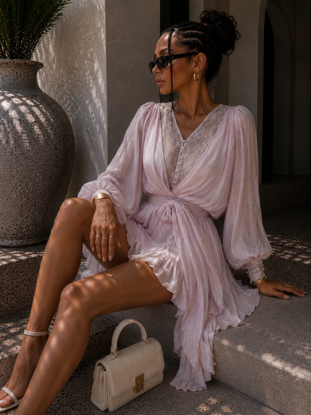 Abito cipria con pizzo e drappeggio - R.a. Boutique