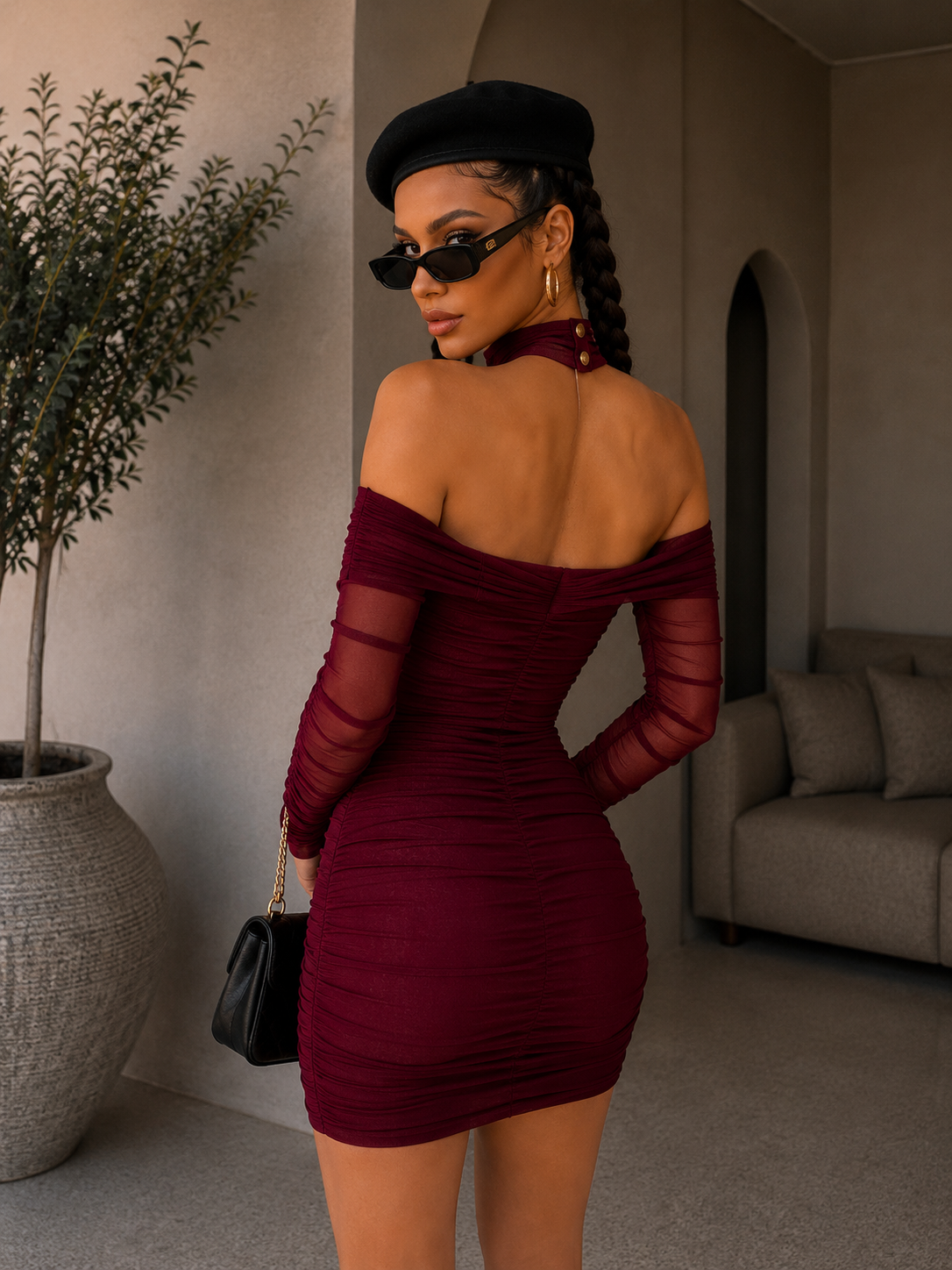 Abito a fascia con dettagli in velo bordeaux - R.a. Boutique