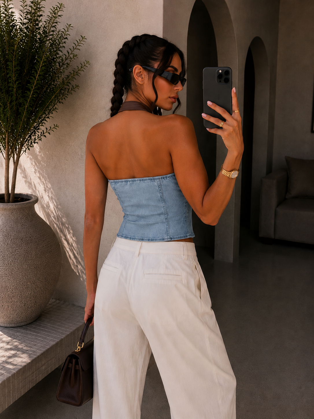 Top denim con scollo halter effetto pelle - R.a. Boutique