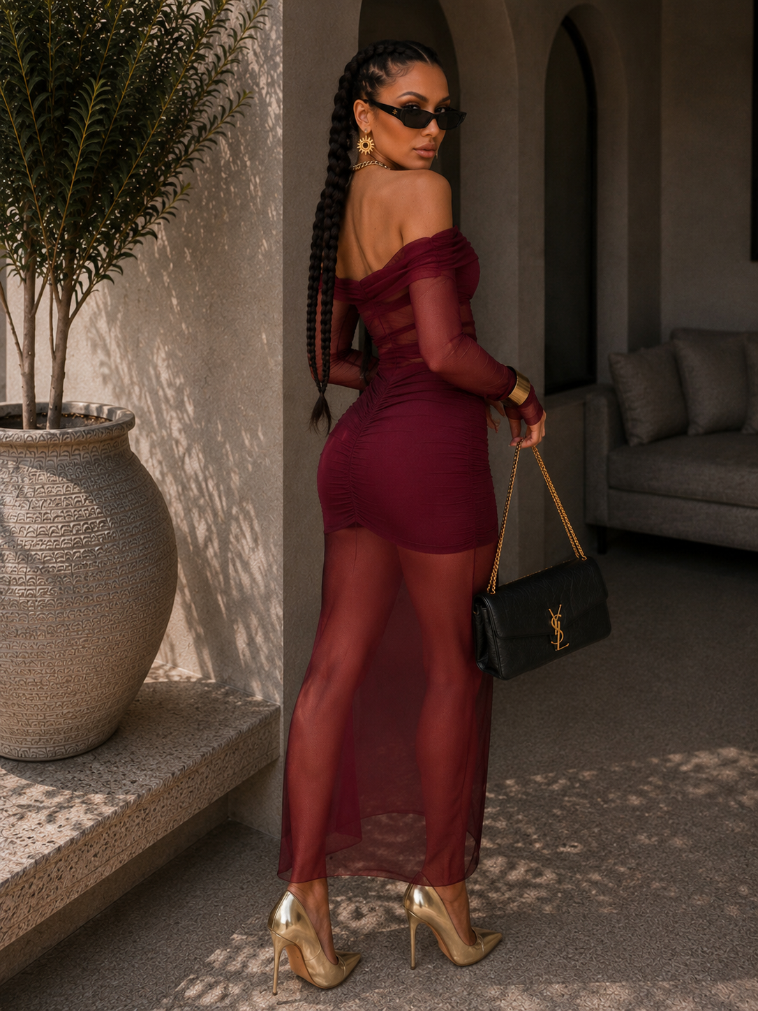 Abito bordeaux con trasparenza - R.a. Boutique