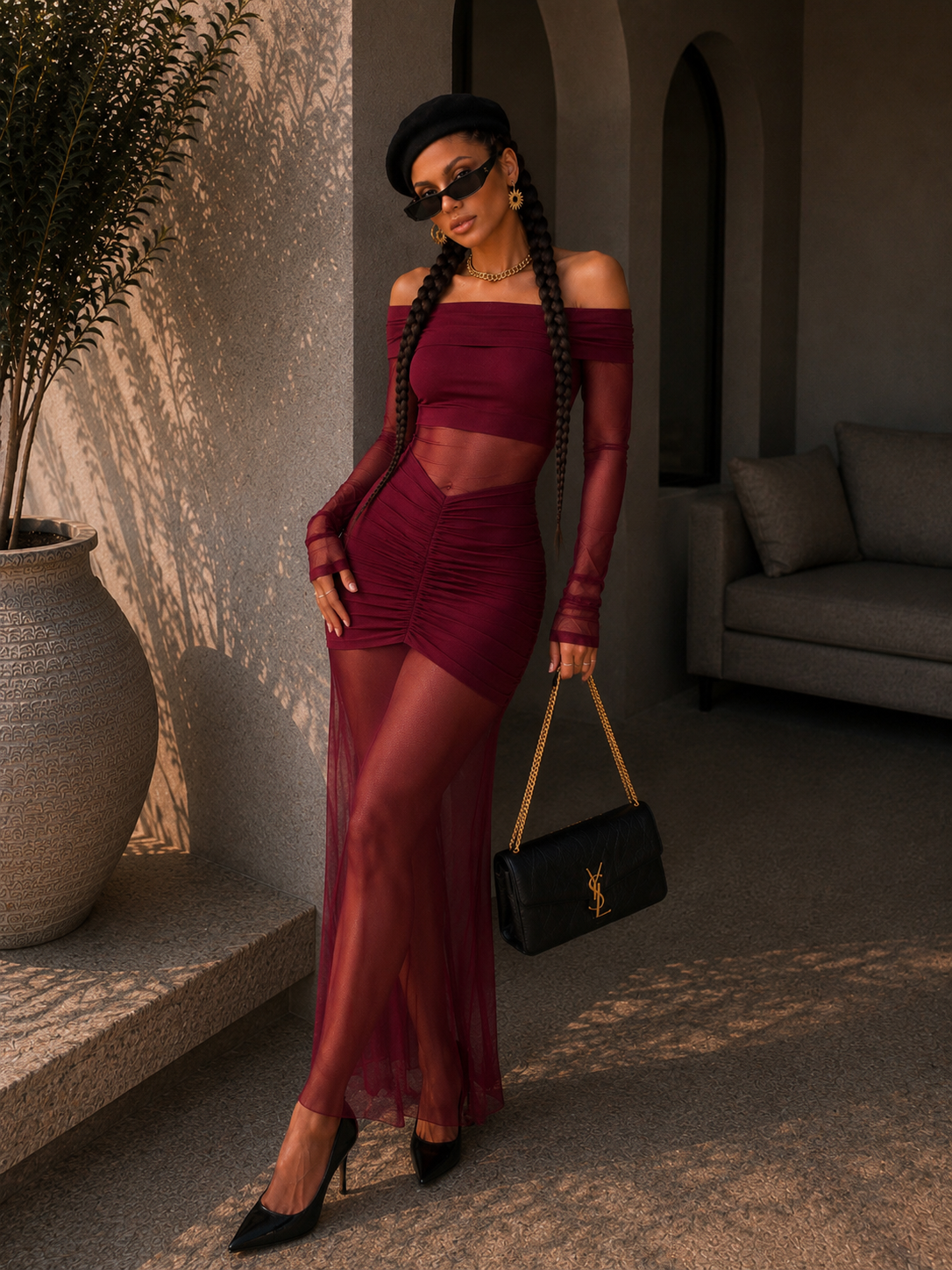 Abito bordeaux con trasparenza - R.a. Boutique