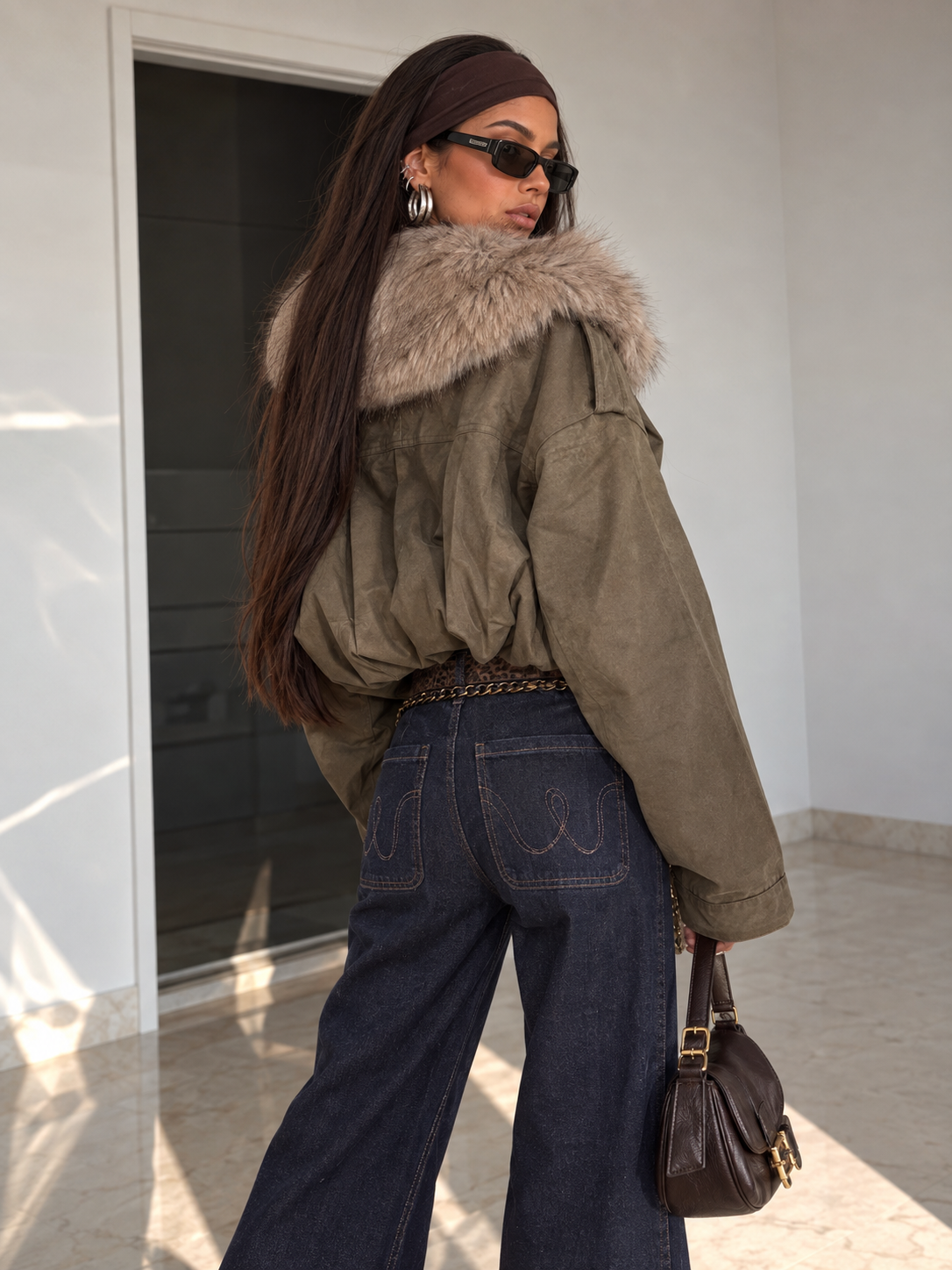 Bomber Verde Oliva Foderato con Collo in Pelliccia Removibile - R.a. Boutique