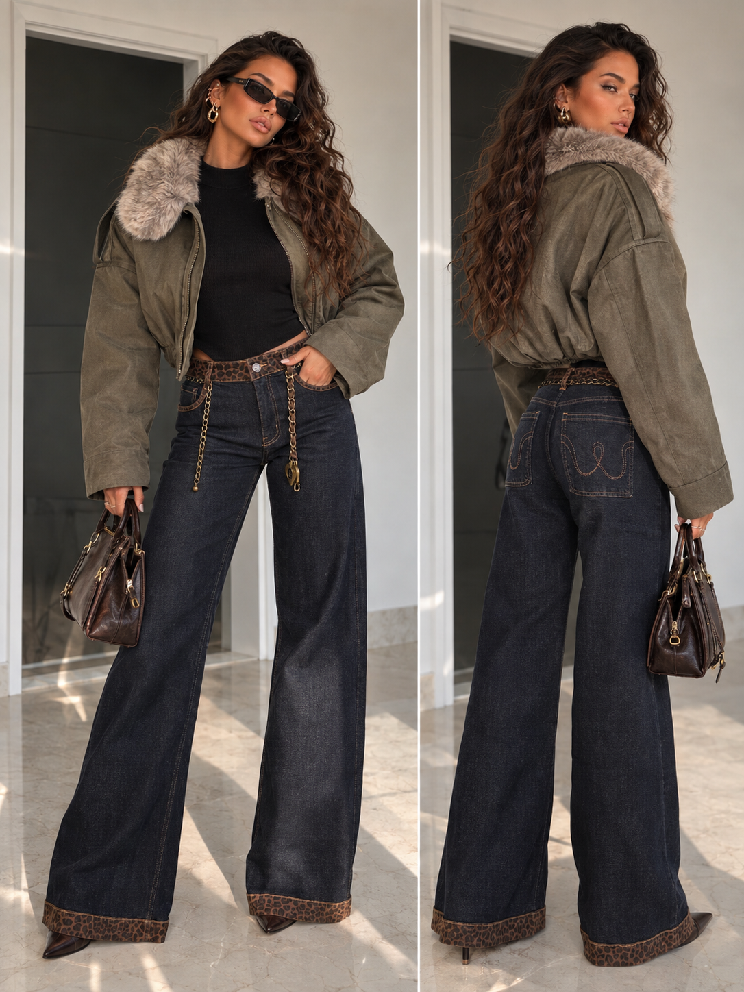 Jeans Palazzo con Dettagli Leopardati e Cintura a Catena Inclusa - R.a. Boutique