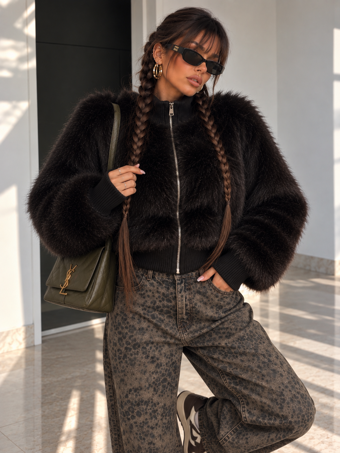 Giacca Eco Pelliccia con Zip Nero - R.a. Boutique