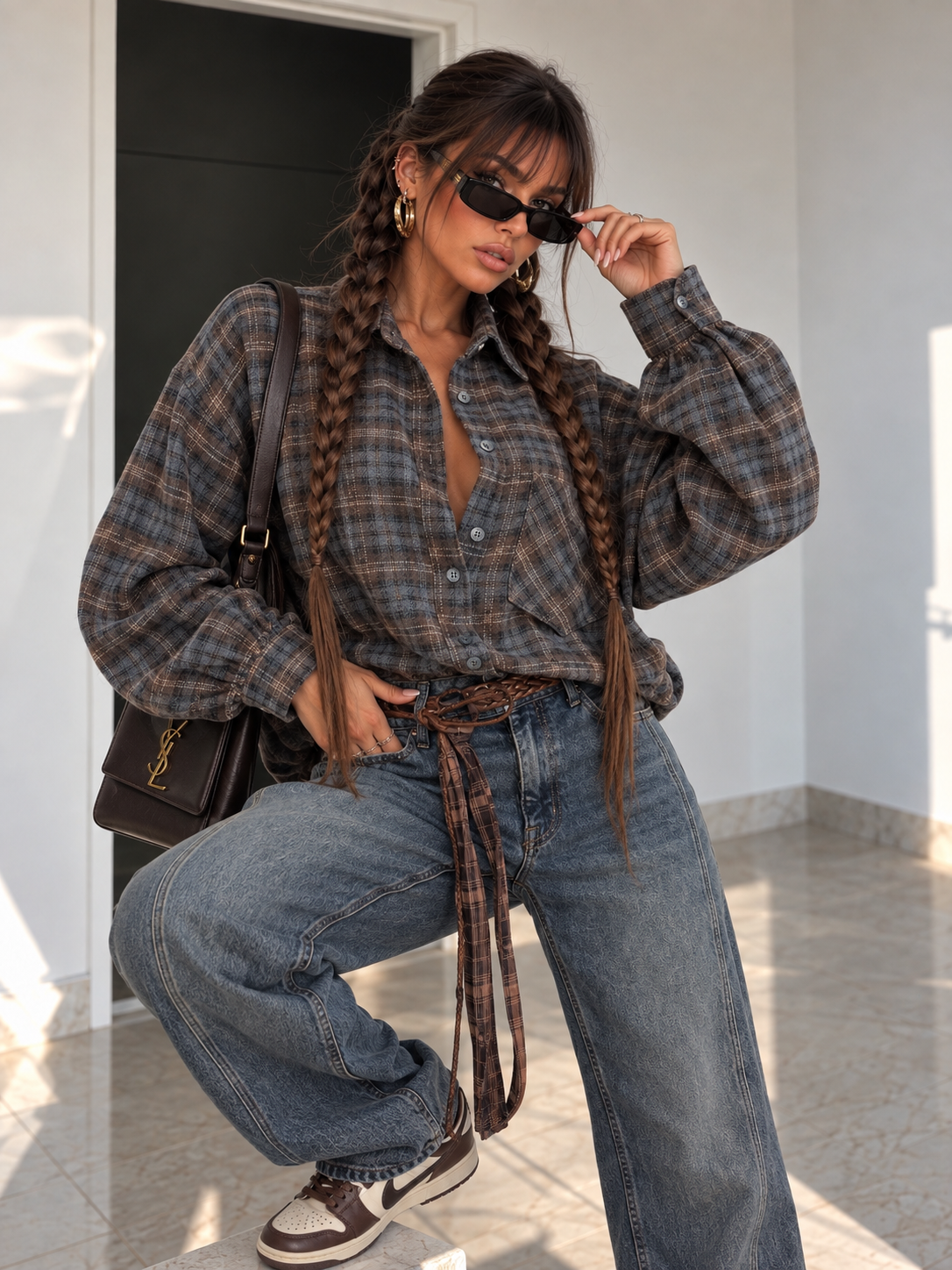 Camicia Over Tartan Grigia con Polsini Larghi - R.a. Boutique