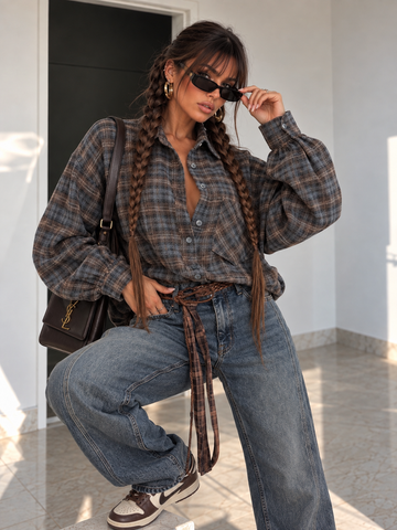 Camicia Over Tartan Grigia con Polsini Larghi - R.a. Boutique