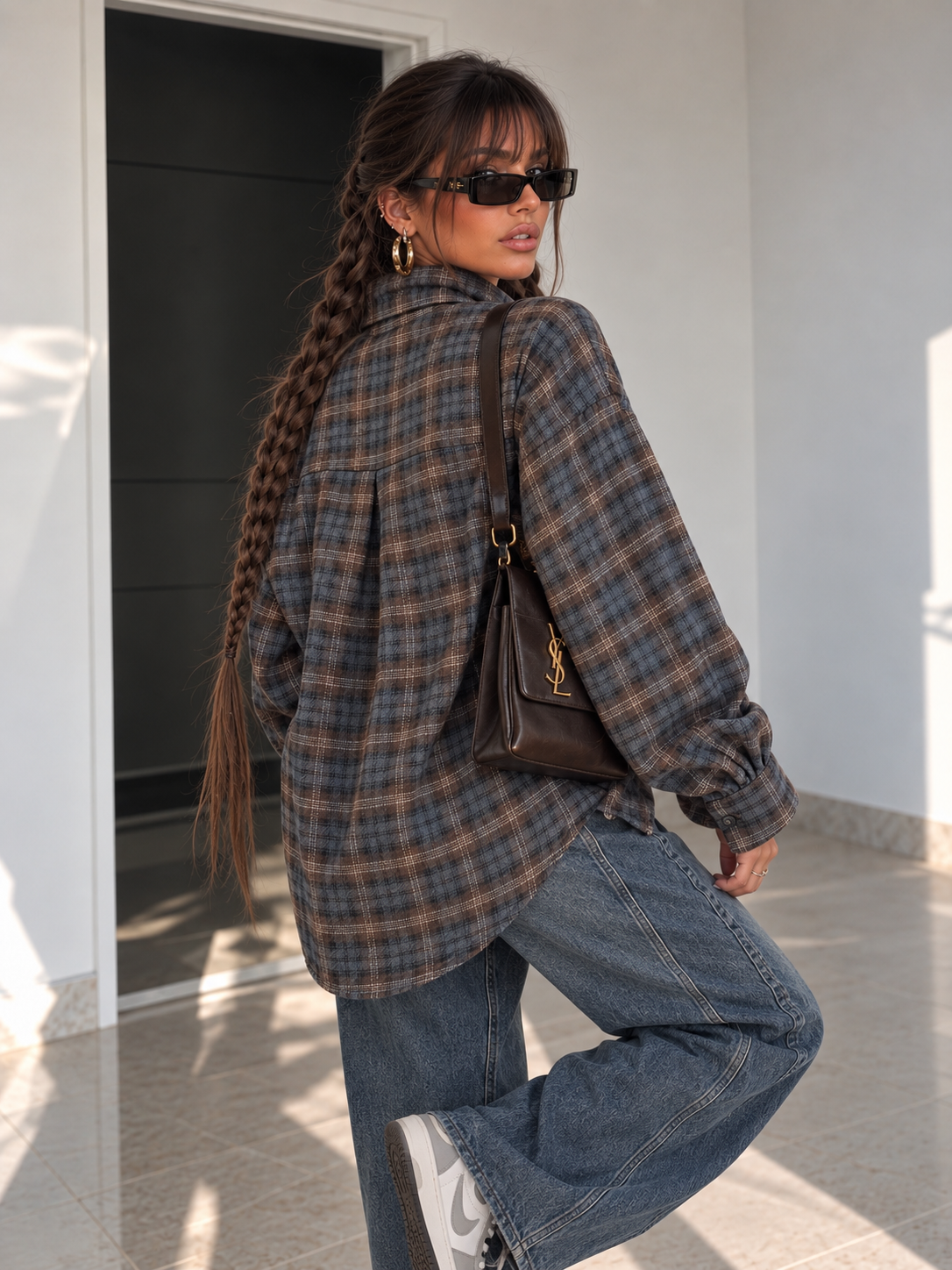 Camicia Over Tartan Grigia con Polsini Larghi - R.a. Boutique