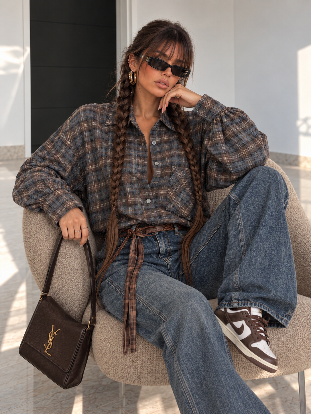 Camicia Over Tartan Grigia con Polsini Larghi - R.a. Boutique