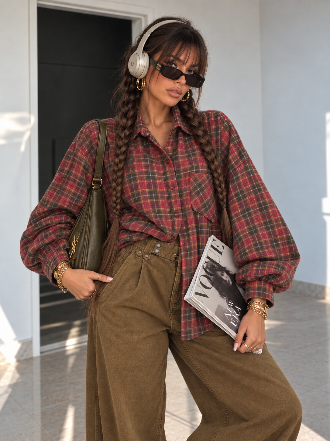Camicia Over Tartan Bordeaux con Polsini Larghi - R.a. Boutique