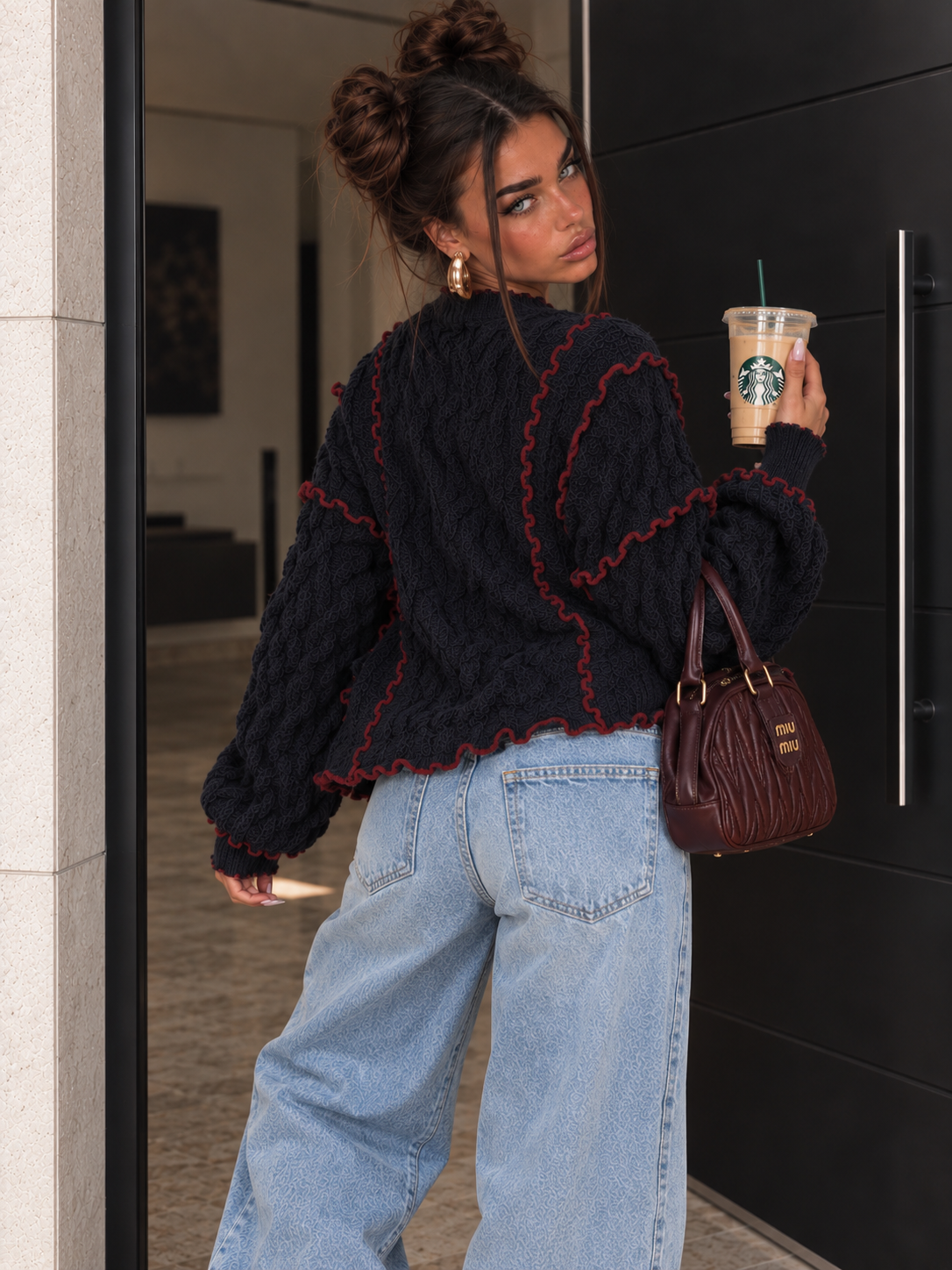 Cardigan a Trecce con Profili a Contrasto Blu Bordeaux - R.a. Boutique