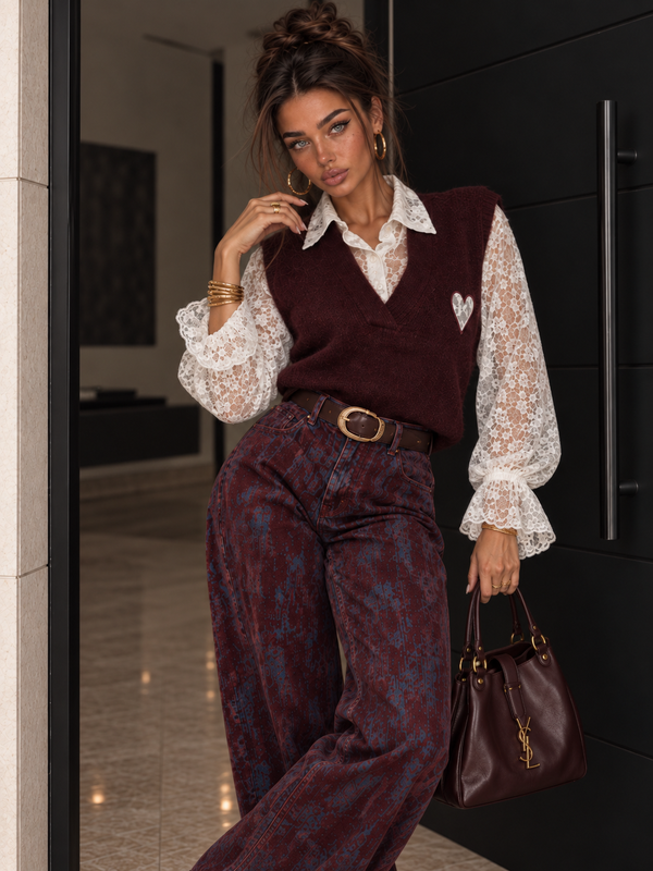 Maglioncino con Camicia in Pizzo Integrata