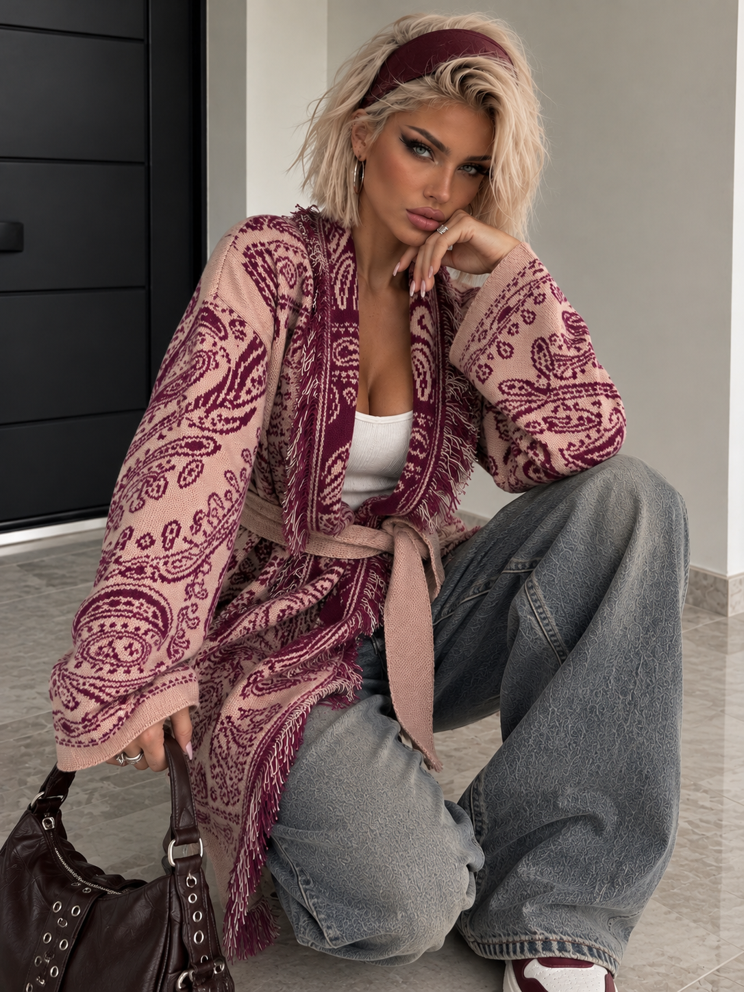 Cardigan Paisley Rosa Bordeaux con Frange e Cintura