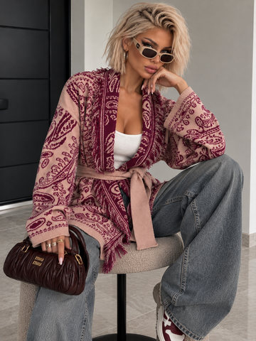 Cardigan Paisley Rosa Bordeaux con Frange e Cintura