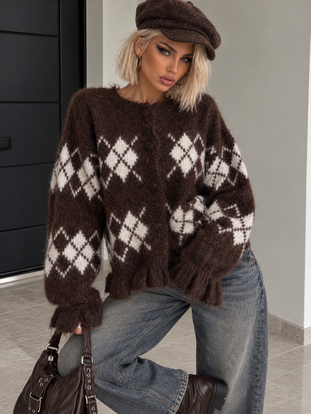 Cardigan Fluffy Diamond Marrone