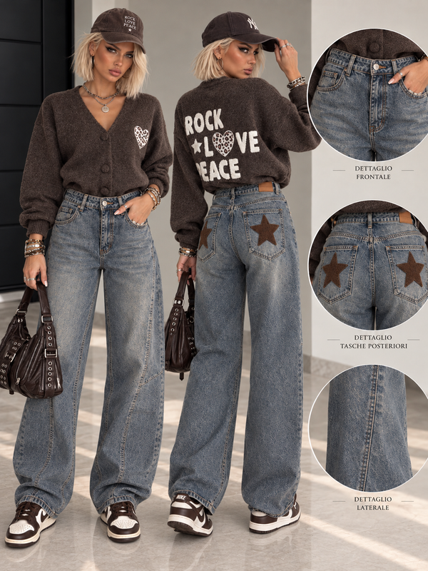 Jeans Denim Star bouclè con Stelle Posteriori Vita Alta