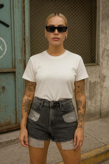 Short in denim con strass - R.a. Boutique