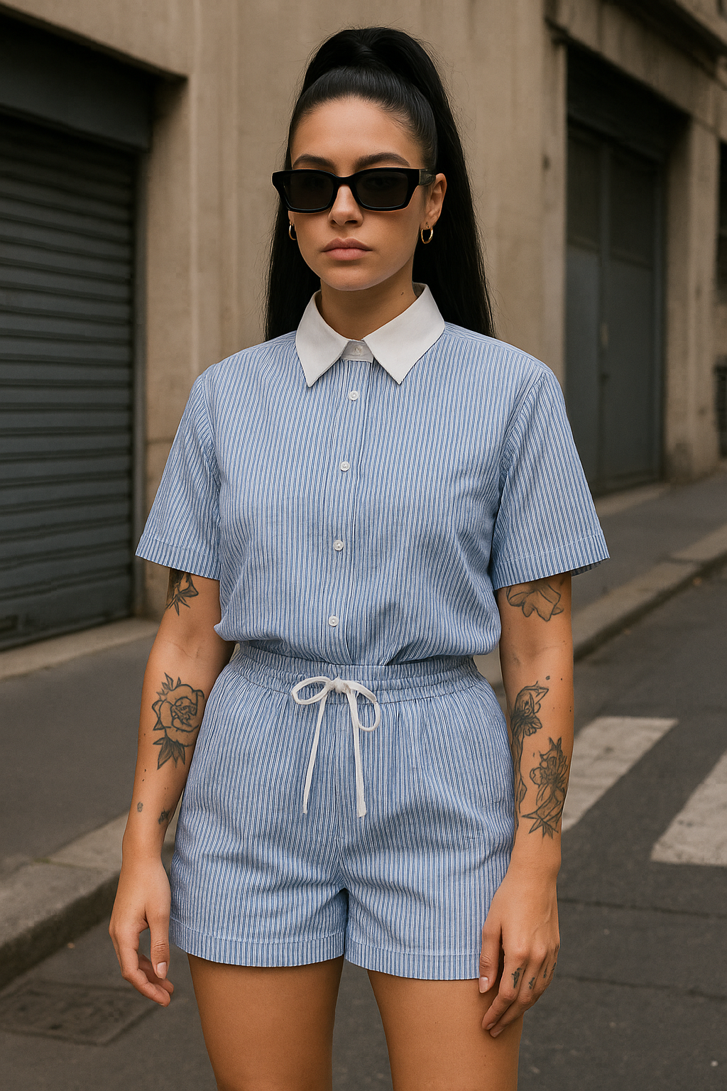 Completo camicia e short con strass celeste - R.a. Boutique