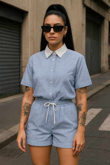 Completo camicia e short con strass celeste - R.a. Boutique