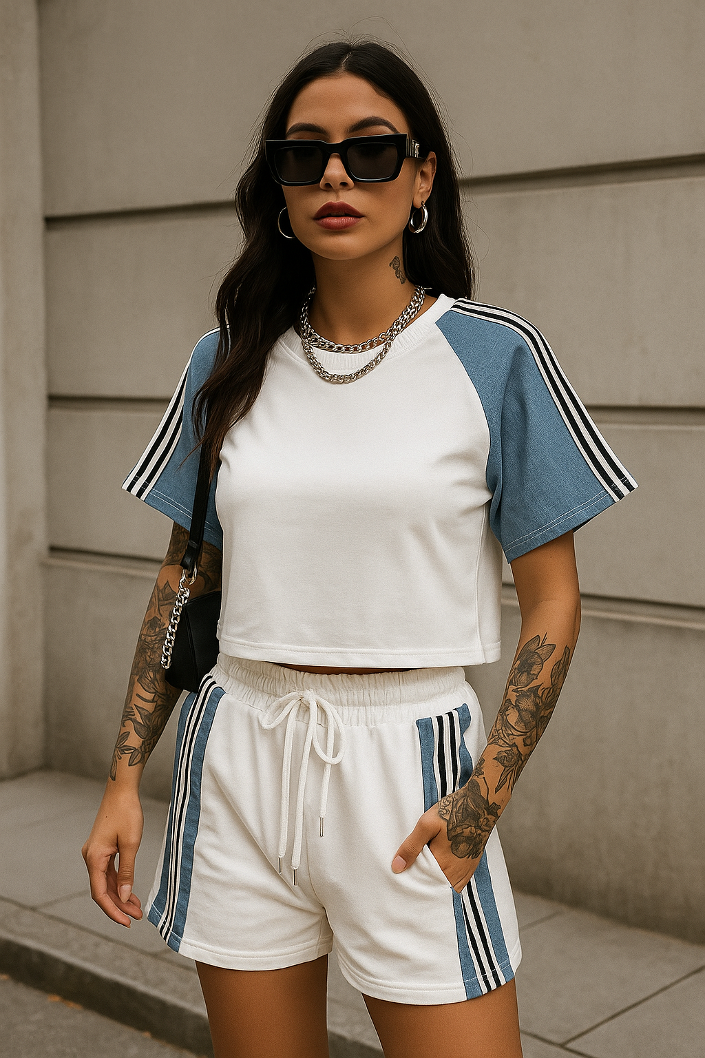 Completo sportivo maglia e short con dettaglio denim - R.a. Boutique