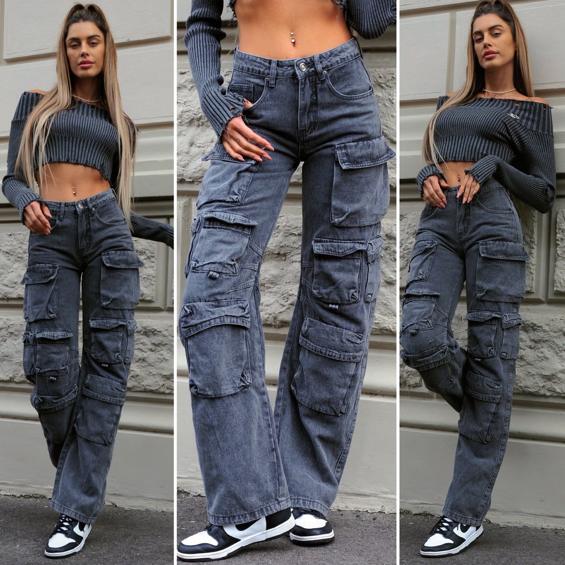 Cargo maxi con tasconi jeans grigio - R.a. Boutique 