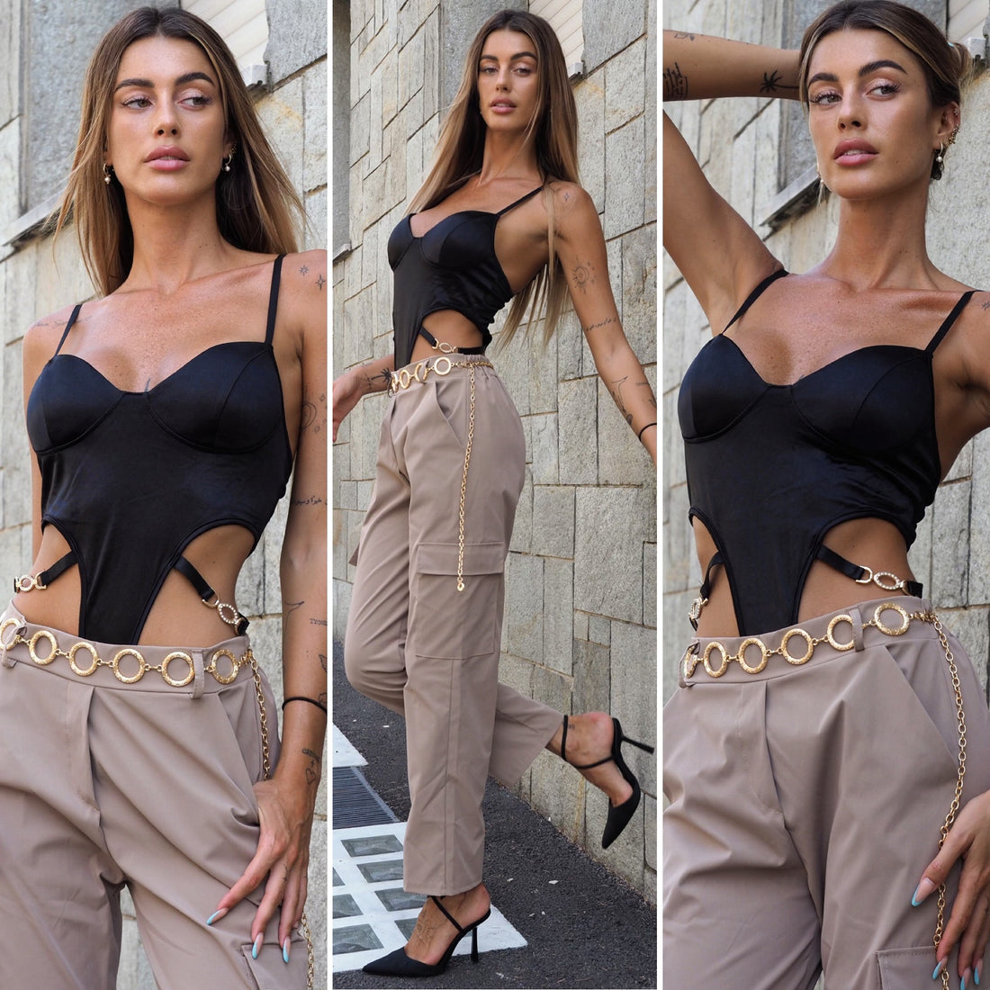 Body nero sgambato con gioiello - R.a. Boutique 