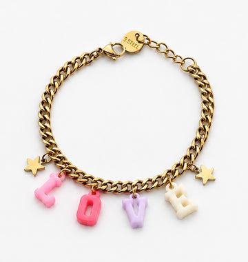 Bracciale oro con pendenti LOVE colorati e stelle