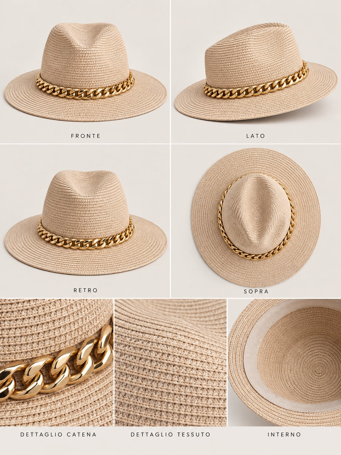 Cappello beige con catena oro