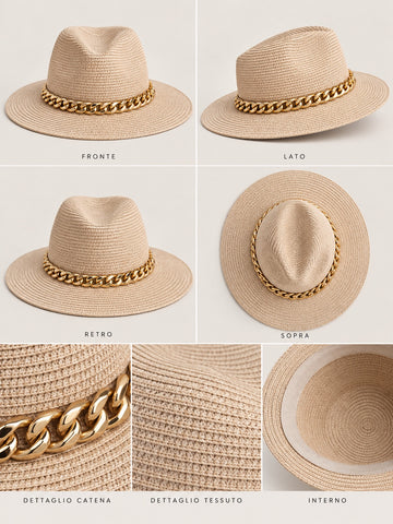 Cappello beige con catena oro