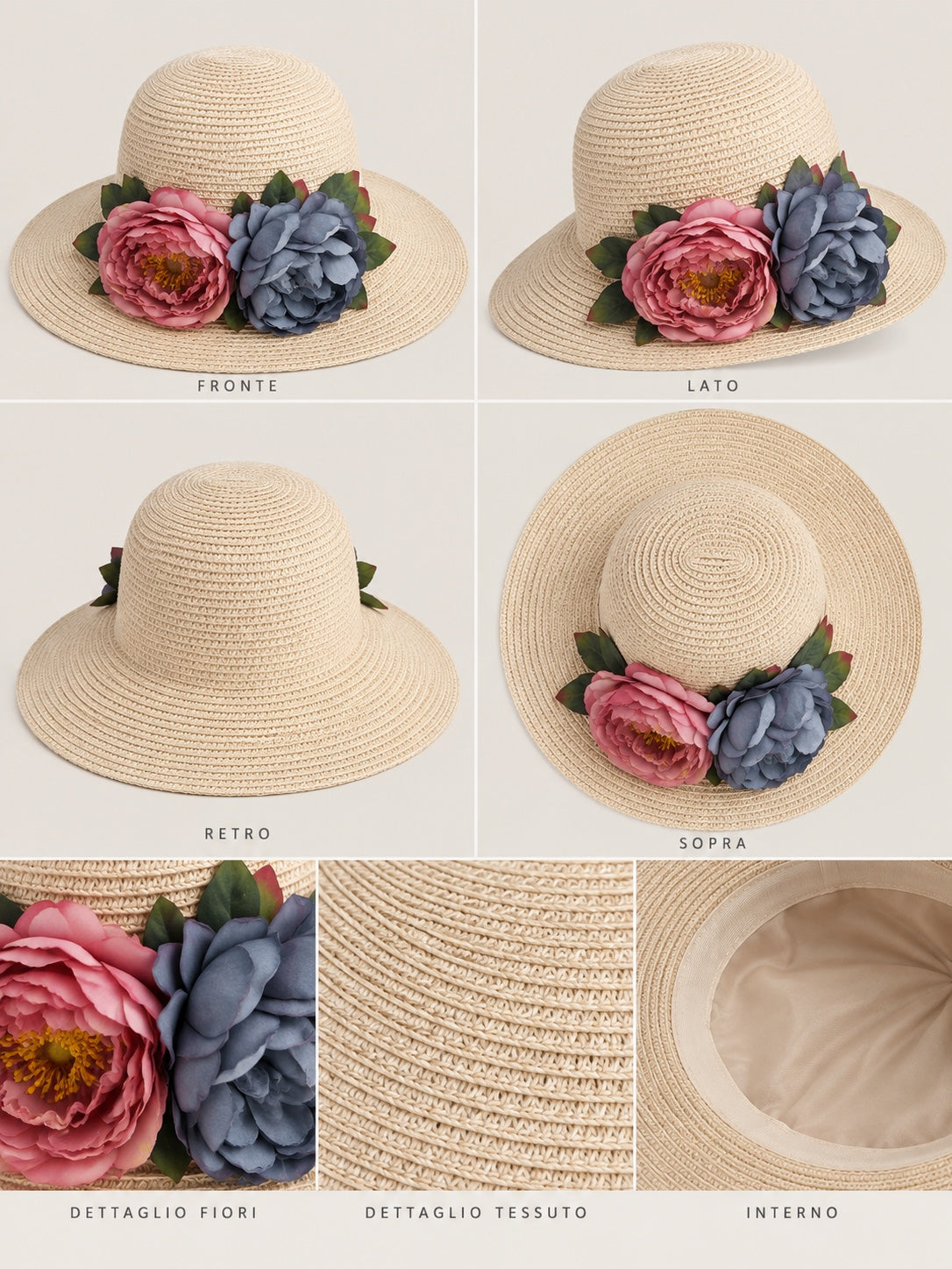 Cappello beige intrecciato con fiori rosa e blu