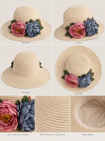 Cappello beige intrecciato con fiori rosa e blu