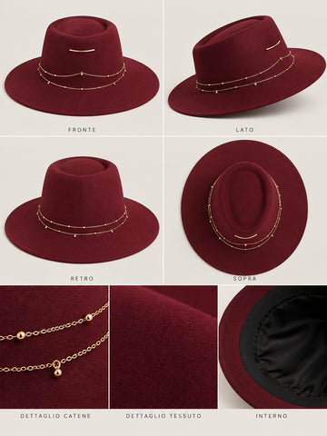 Cappello bordeaux con catenine oro