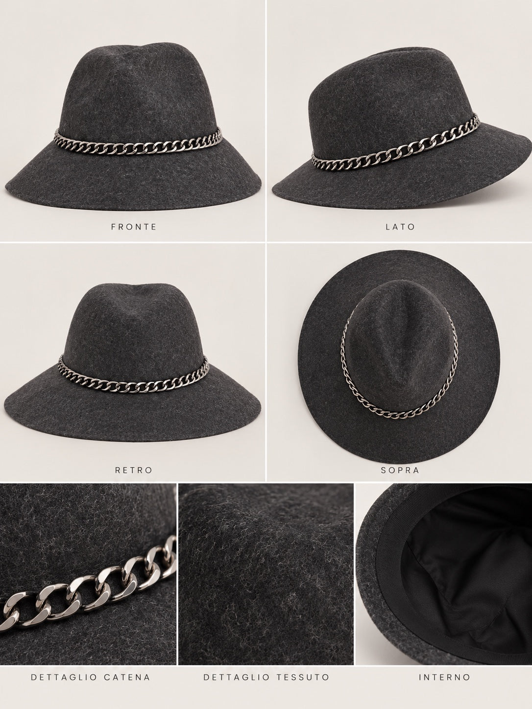 Cappello grigio con catena
