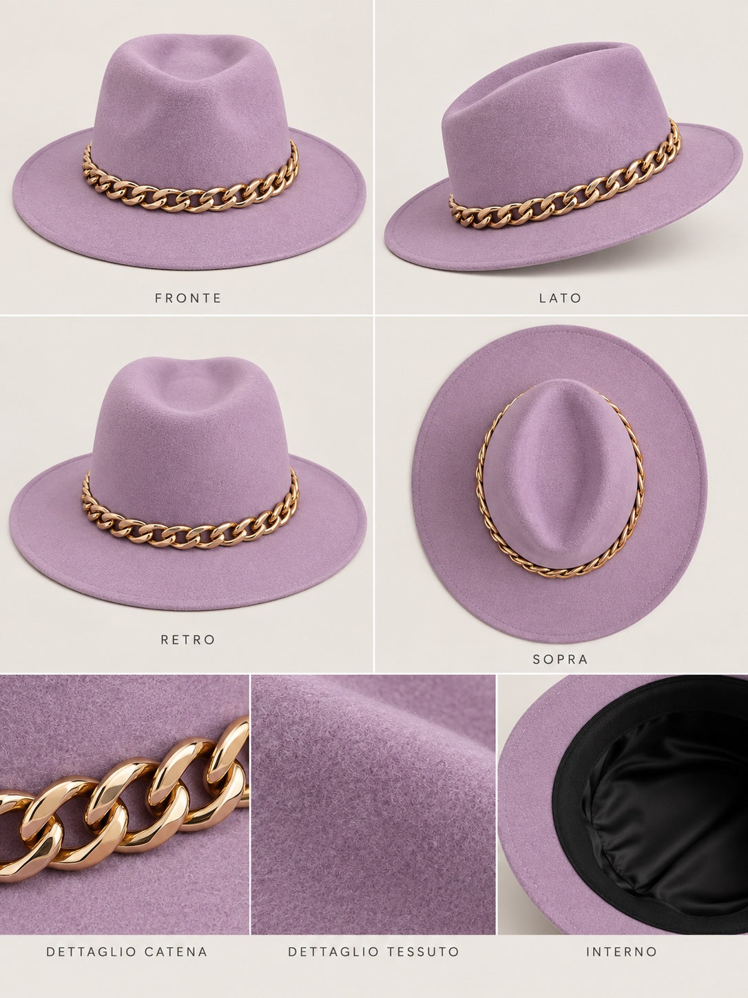 Cappello lilla con catena oro