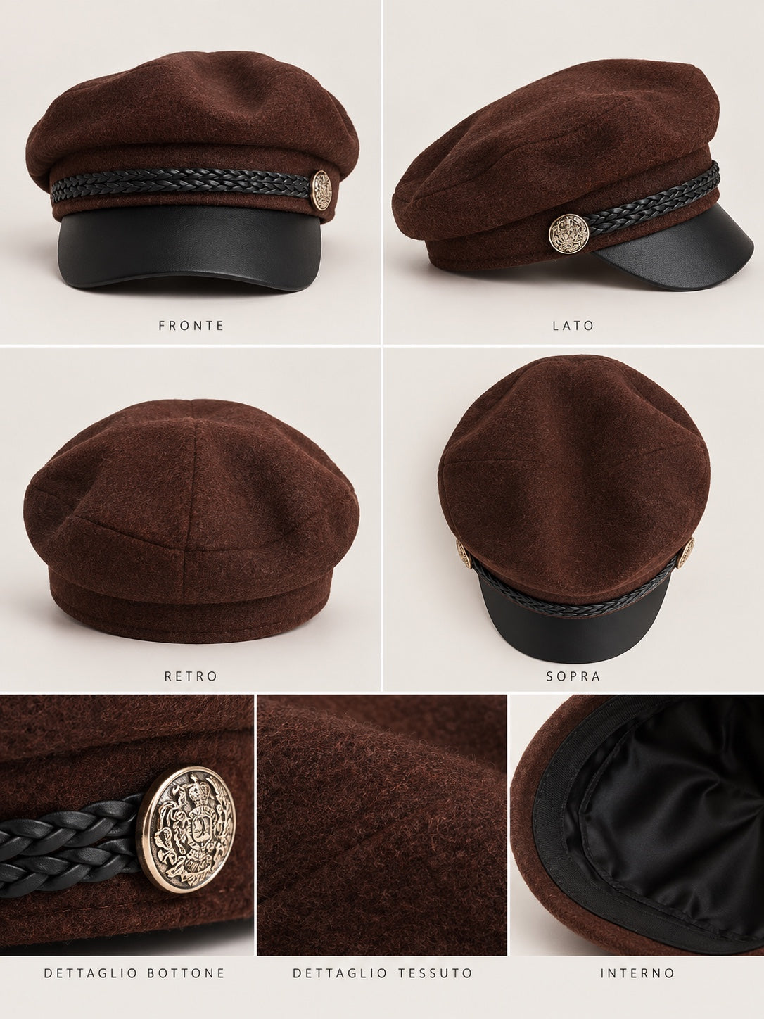 Cappello marrone con visiera nera, intreccio nero e bottone decorativo