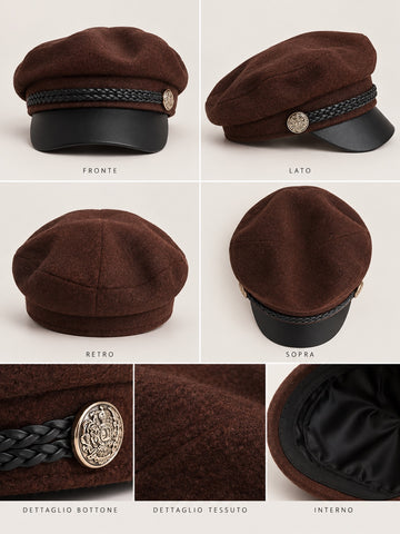 Cappello marrone con visiera nera, intreccio nero e bottone decorativo